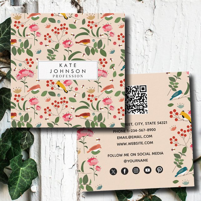 Hand Drawn Floral Birds Bees Pattern Square Business Card (Hand Drawn Floral Birds Bees Pattern Square Business Card)