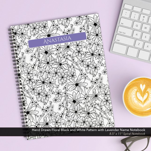 Hand Drawn Floral Black White Pattern Purple Name Notebook (Spiral Notebook: Hand Drawn Floral Pattern in Black and White with Lavender/Purple Name)