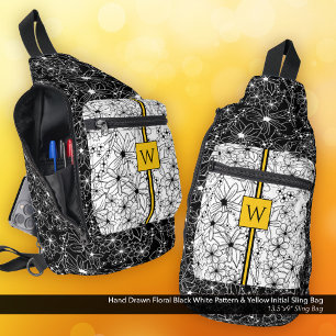 Hand Drawn Floral Black White Pattern with Initial Sling Bag