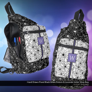 Hand Drawn Floral Black White Pattern with Initial Sling Bag