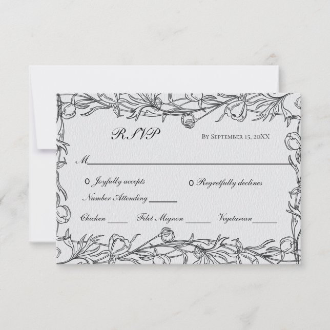 Hand Drawn Floral Botanical Blue Grey Wedding  RSVP Card (Front)