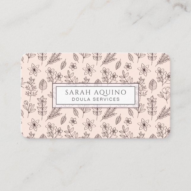 Hand Drawn Floral Botanical Pink Doula Birth  Business Card (Front)