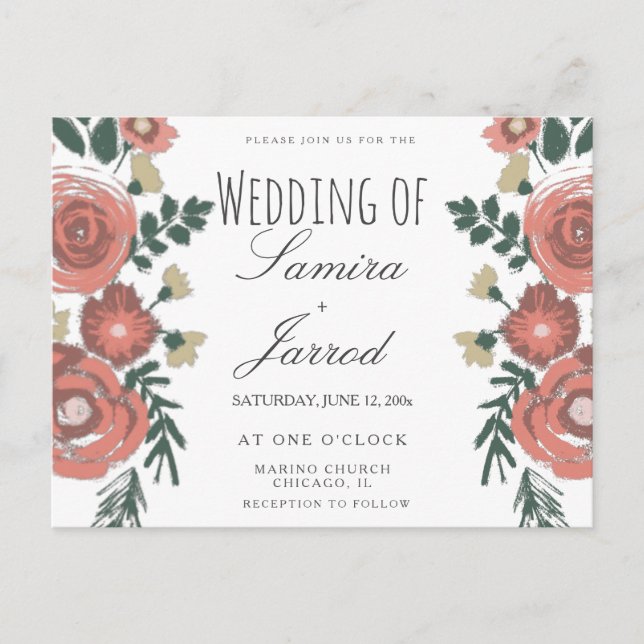 Hand-Drawn Floral Bouquet Vintage Wedding Postcard (Front)