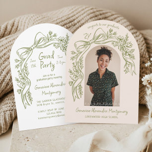 Hand Drawn Floral Bow Arch Photo Graduation Party Invitation