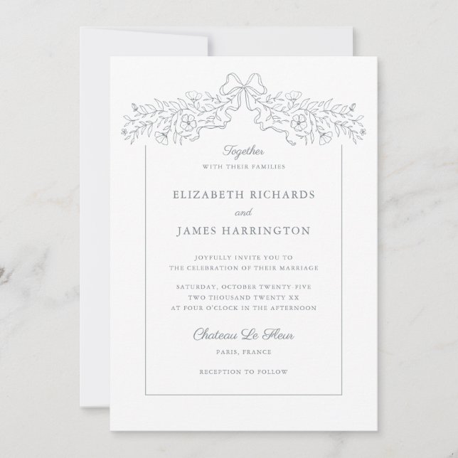 Hand Drawn Floral Bow Frame Grey Wedding Invitation (Front)