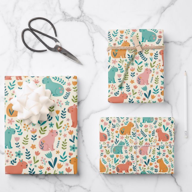 Hand Drawn Floral Capybara Wrapping Paper Sheets (Front)