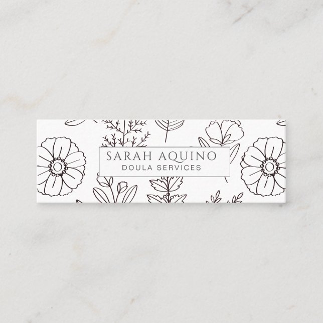 Hand Drawn Floral Doodle Doula White Birth Coach Mini Business Card (Front)