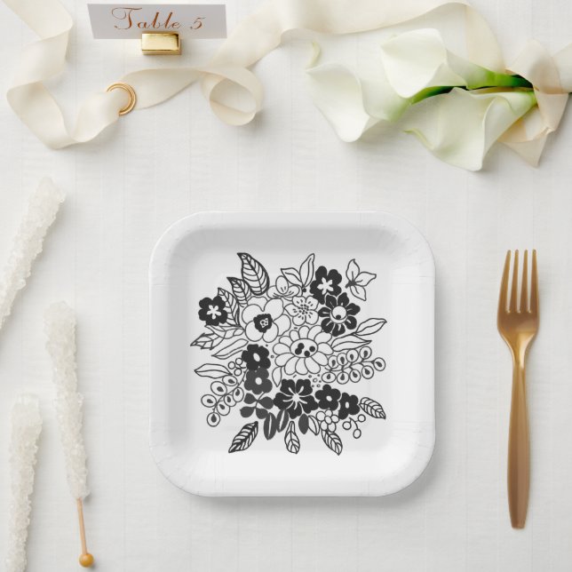 Hand Drawn Floral Motif  Paper Plate (Wedding)