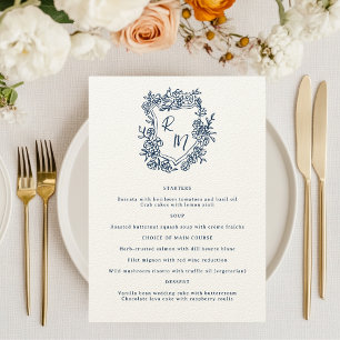 Hand Drawn Floral Navy Blue Monogram Crest Wedding Menu