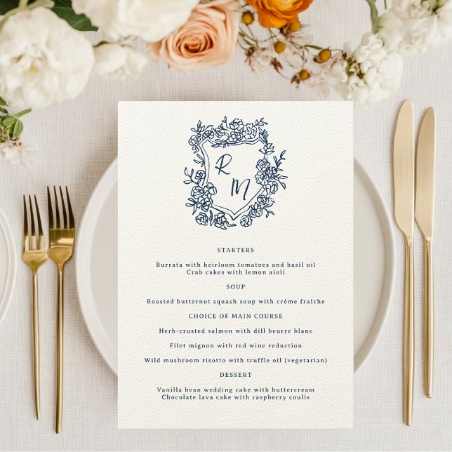 Hand Drawn Floral Navy Blue Monogram Crest Wedding Menu (Creator Uploaded)