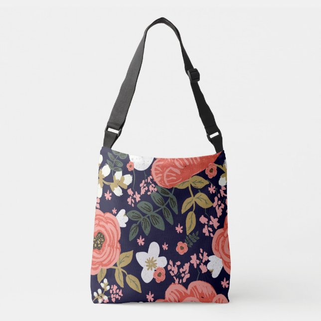 Hand drawn floral navy coral cross body tote bag (Front)