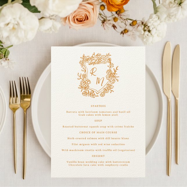 Hand Drawn Floral Orange Monogram Crest Wedding Menu (Creator Uploaded)