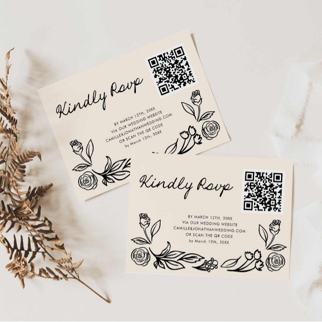 Hand Drawn Floral QR Code RSVP Wedding Card  (Minimal Floral Wedding QR Code RSVP Card)