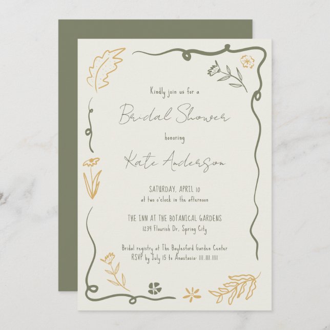 Hand Drawn Floral Scribble Frame Bridal Shower Invitation (Front/Back)