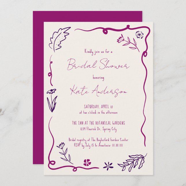 Hand Drawn Floral Scribble Frame Bridal Shower Invitation (Front/Back)