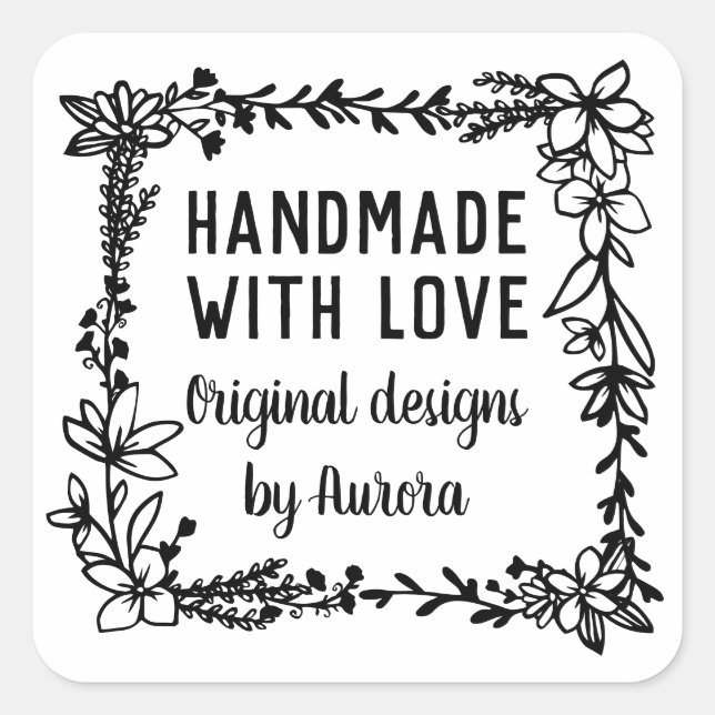 Hand Drawn Floral Square Handmade With Love Sticker (Front)