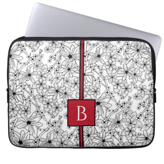 Hand Drawn Floral White Black Pattern and Monogram Laptop Sleeve