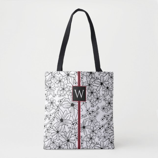 Hand Drawn Floral White Black Pattern and Monogram Tote Bag (Front)