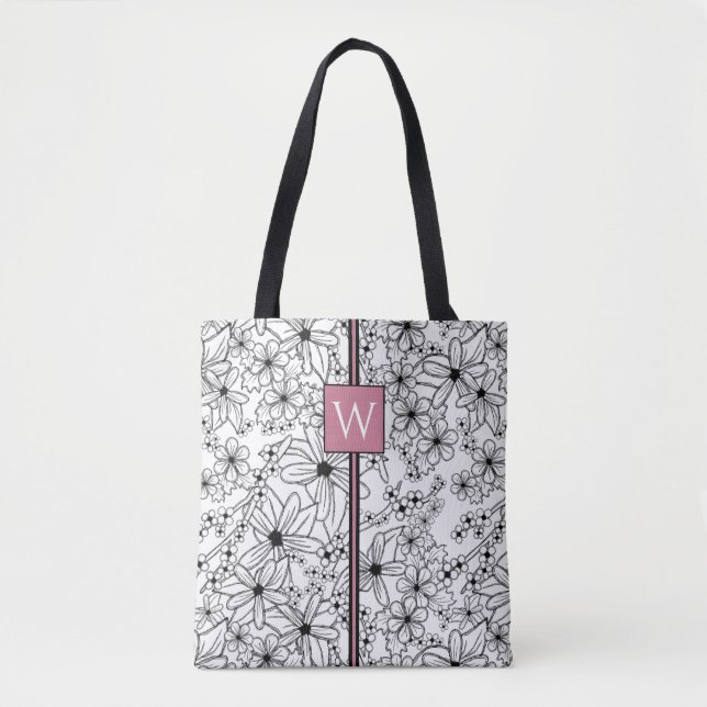 Hand Drawn Floral White Black Pattern and Monogram Tote Bag (Front)