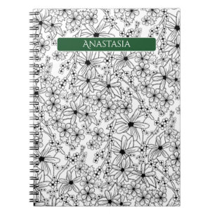 Hand Drawn Floral White Black Pattern & Green Name Notebook