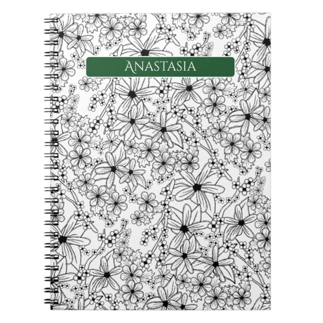 Hand Drawn Floral White Black Pattern & Green Name Notebook (Front)