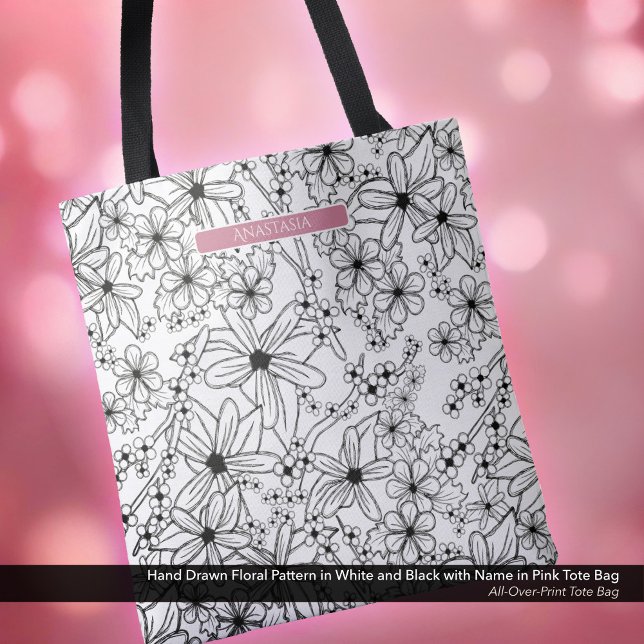 Hand Drawn Floral White Black Pattern & Pink Name Tote Bag (Tote Bag: Hand Drawn Floral Pattern in Black White, Personalized with Name in Pink)