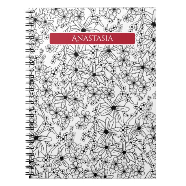 Hand Drawn Floral White Black Pattern & Red Name Notebook (Front)