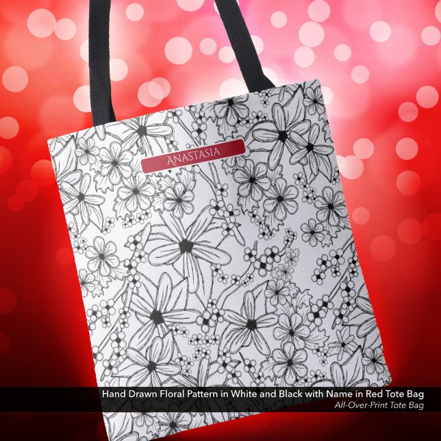 Hand Drawn Floral White Black Pattern & Red Name Tote Bag (Tote Bag: Hand Drawn Floral Pattern in Black White, Personalized with Name in Red)