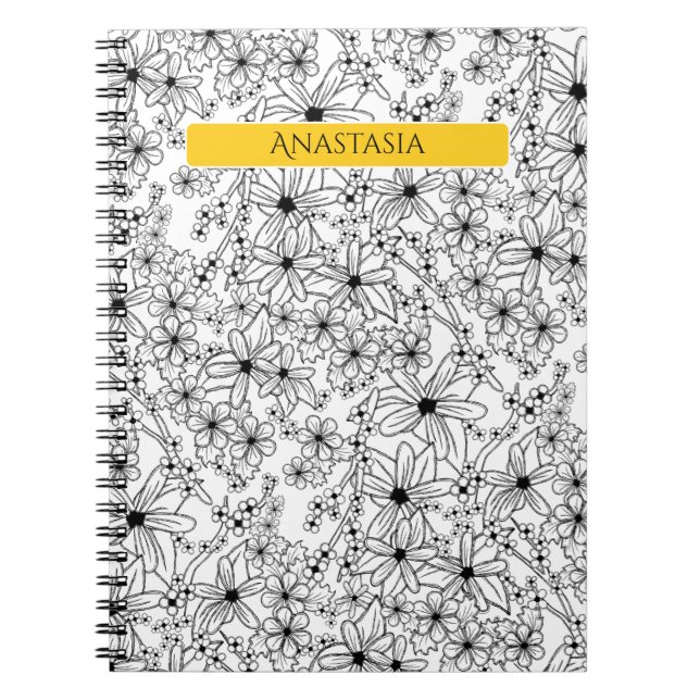 Hand Drawn Floral White Black Pattern Yellow Name Notebook (Front)