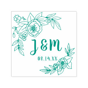 Hand Drawn Florals and Leaves Wedding Monogram Self-inking Stamp