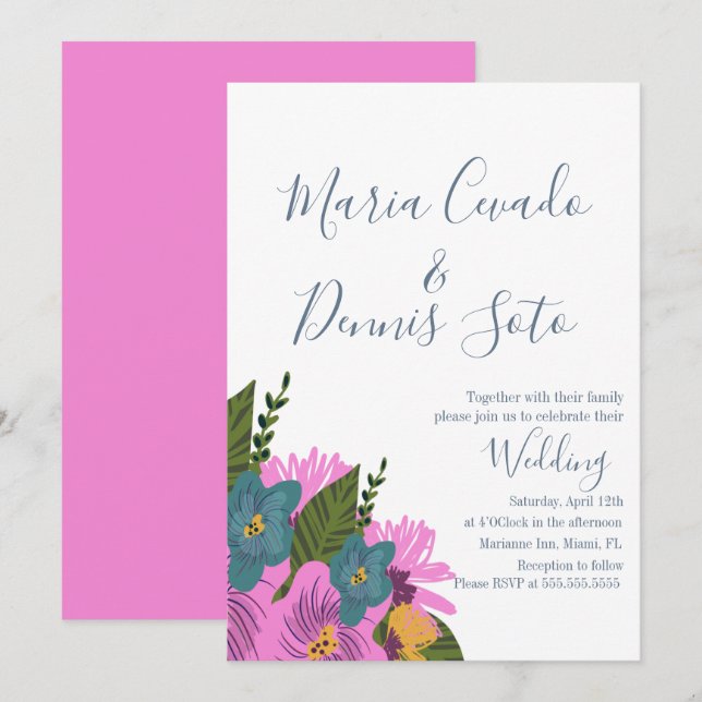 Hand  Drawn Florals Wedding Bold Colour Invitation (Front/Back)
