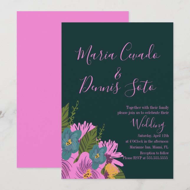 Hand  Drawn Florals Wedding Bold Colour  Invitation (Front/Back)