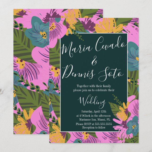 Hand  Drawn Florals Wedding Bold Pink Greenery  Invitation (Front/Back)