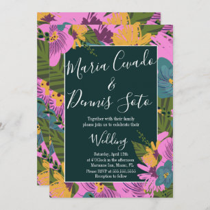 Hand  Drawn Florals Wedding Bold Pink Greenery  Invitation