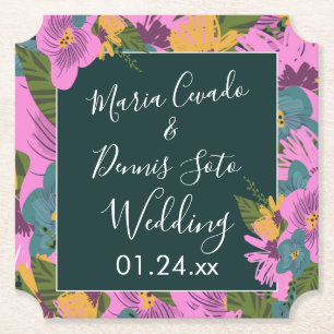 Hand  Drawn Florals Wedding Bold Pink Greenery  Paper Coaster