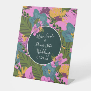 Hand  Drawn Florals Wedding Bold Pink Greenery   Pedestal Sign