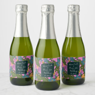 Hand Drawn Florals Wedding Bold Pink Greenery Sparkling Wine Label