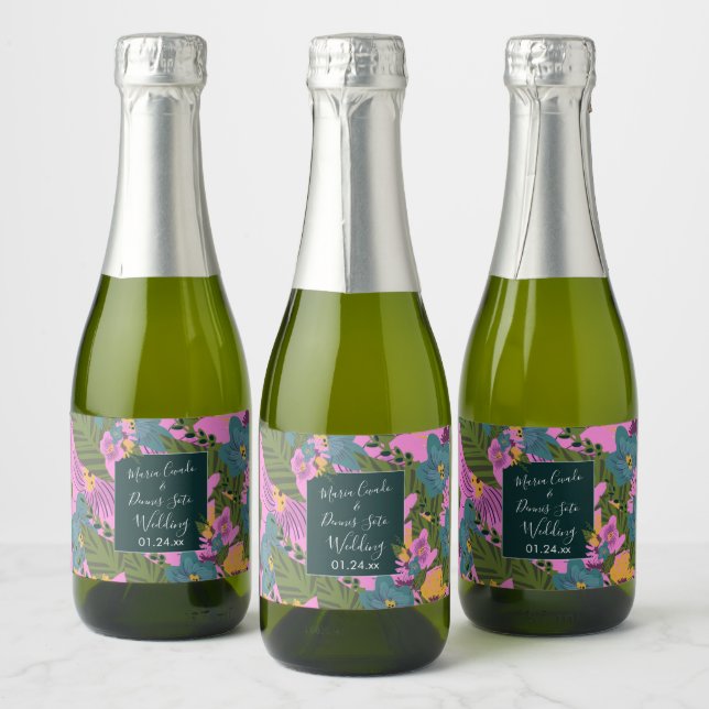 Hand  Drawn Florals Wedding Bold Pink Greenery    Sparkling Wine Label (Bottles)