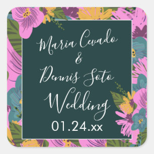 Hand  Drawn Florals Wedding Bold Pink Greenery   Square Sticker