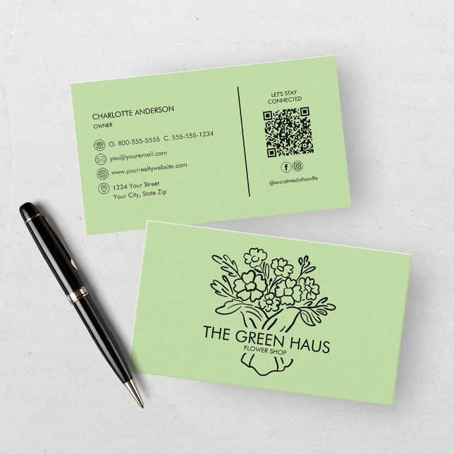 Hand Drawn Florist Green Botanical QR Code Business Card (Creator Uploaded)