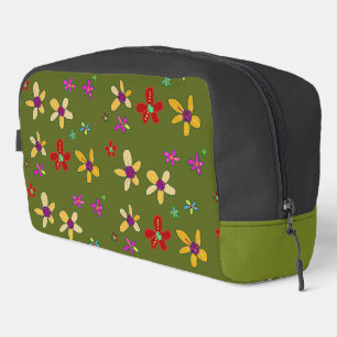 Hand Drawn Flower Art on Black Green Dopp Kit