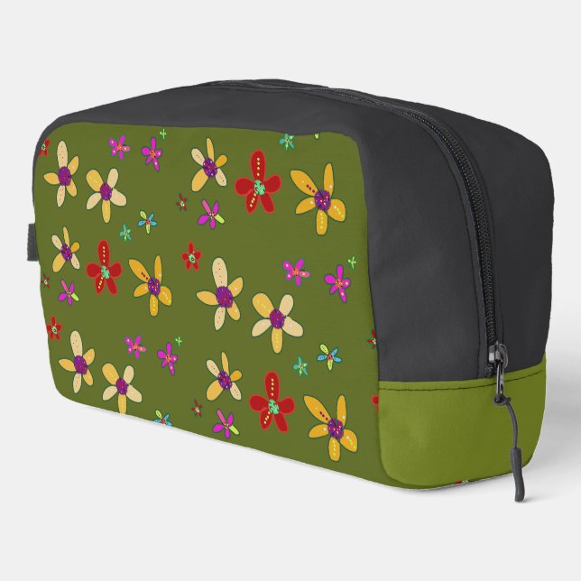Hand Drawn Flower Art on Black Green  Dopp Kit (Right Corner)