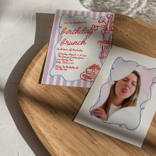 Hand Drawn Flower Pancakes Photo Birthday Brunch Invitation