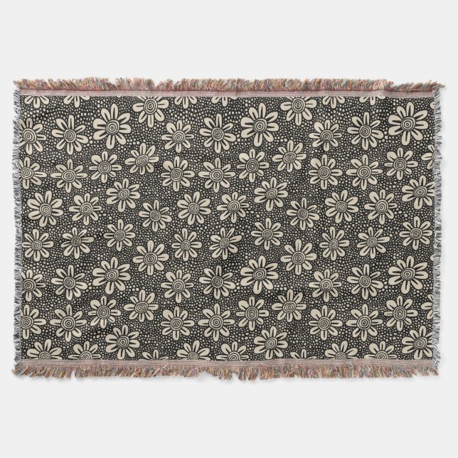 Hand Drawn Flower Pattern 140617 - Black on Beige Throw Blanket (Front)