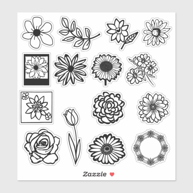 Hand Drawn Flower Stickers | Black and White (Sheet)