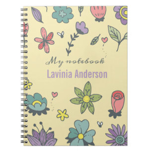 Hand drawn flowers background with Name  Notebook