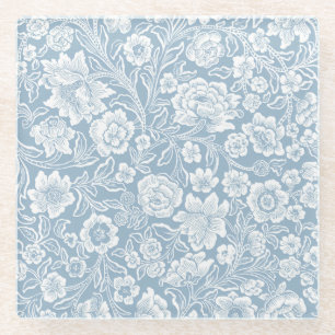 Hand-drawn Flowers,Blue Grey White Botanical Art Glass Coaster