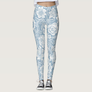 Hand-drawn Flowers,Blue Grey White Botanical Art Leggings
