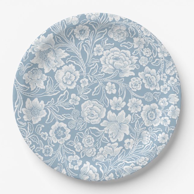 Hand-drawn Flowers,Blue Grey White Botanical Art Paper Plate (Front)