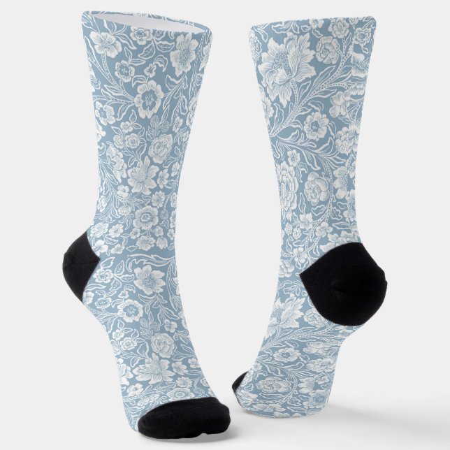 Hand-drawn Flowers,Blue Grey White Botanical Art Socks (Angled)